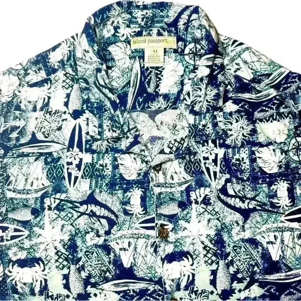 Island Passport Nautical Print Short Sleeve Camp Button Up Nautical Print 2X - Picture 4 of 5
